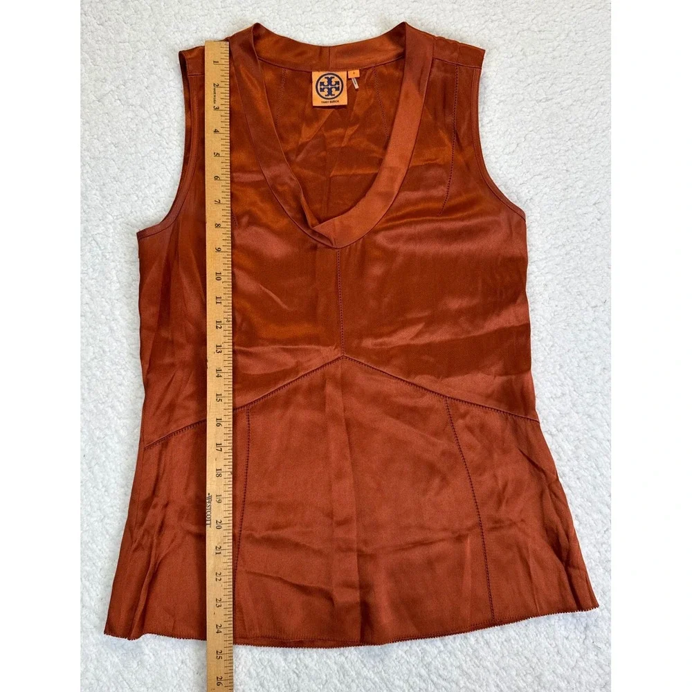 Tory Burch Copper Orange 100% Silk V-Neck‎ Sleeveless Blouse Top Size 2